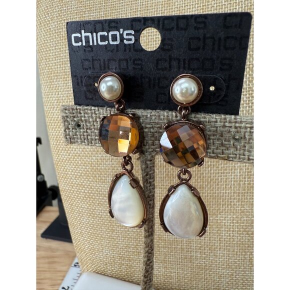 Chicos Brown Queens Royal Jewels Dangle Earrings With Faux Pearls & Faceted Gems - Picture 3 of 11